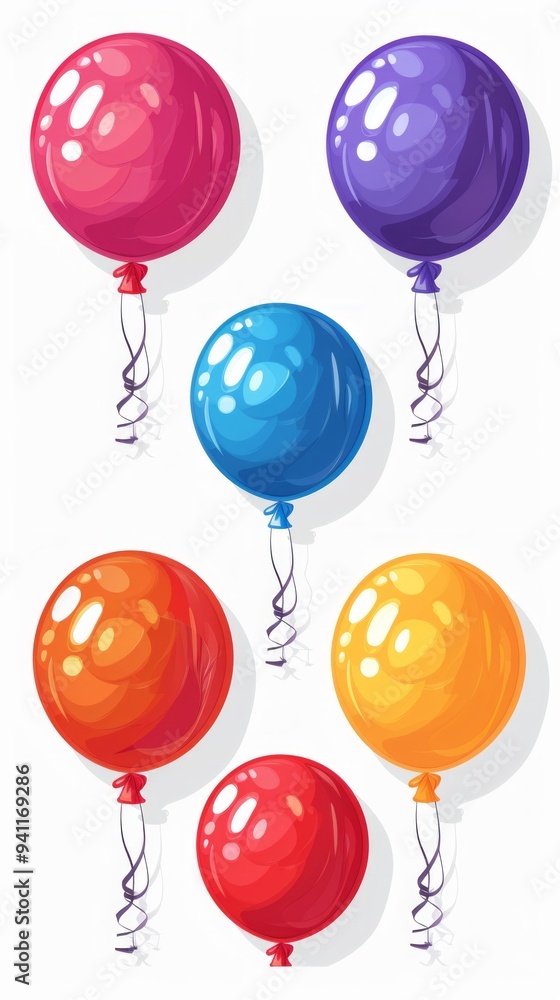 Cluster of 6 colorful balloons - pink, purple, blue, orange, yellow, red - various sizes/shapes, some with ribbons, 'R' on one, against white background. Cluster of 6 colorful balloons - pink, purple, blue, orange, yellow, red - various sizes/shapes, some with ribbons, 'R' on one, against white background.