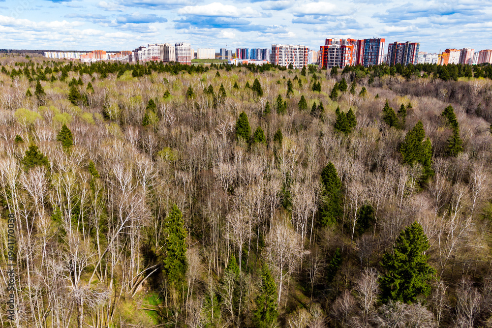 Aerial view of city high-rise buildings sticking out from behind the forest, city surrounded by forest Aerial view of city high-rise buildings sticking out from behind the forest, city surrounded by forest