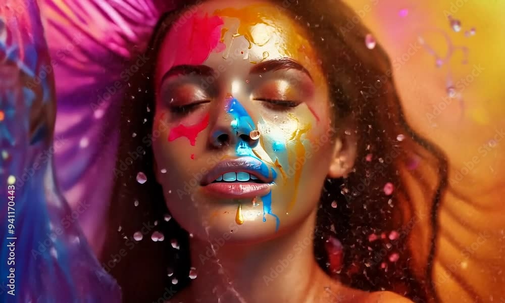 In this captivating moment, a figure is enveloped in a stunning array of colors as water cascades down, creating an ethereal effect. The interplay of light transforms the atmosphere In this captivating moment, a figure is enveloped in a stunning array of colors as water cascades down, creating an ethereal effect. The interplay of light transforms the atmosphere
