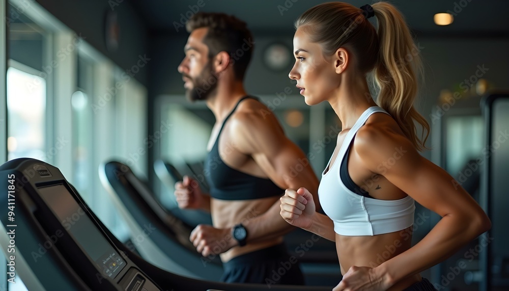 Side profile of a male and female running on a treadmill at the gym, focus on the man. young girl in gym, gym running, gym background
Side profile of a male and female running on a treadmill at the gym, focus on the man. young girl in gym, gym running, gym background