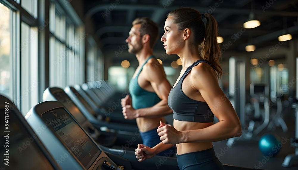 Obraz premium Side profile of a male and female running on a treadmill at the gym, focus on the man. young girl in gym, gym running, gym background 