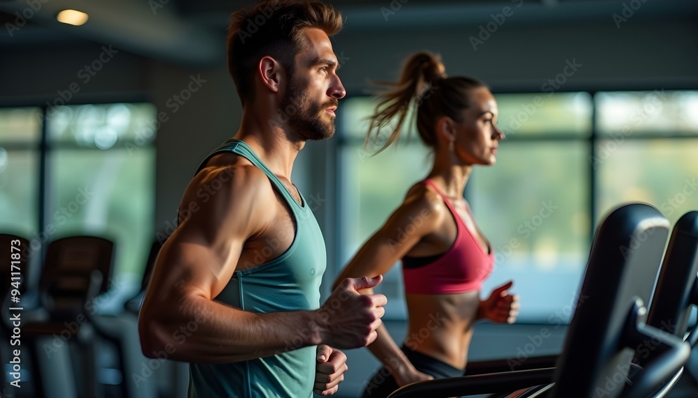 Side profile of a male and female running on a treadmill at the gym, focus on the man. young girl in gym, gym running, gym background
Side profile of a male and female running on a treadmill at the gym, focus on the man. young girl in gym, gym running, gym background