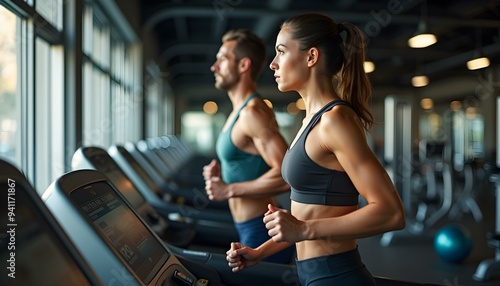 Side profile of a male and female running on a treadmill at the gym, focus on the man. young girl in gym, gym running, gym background 