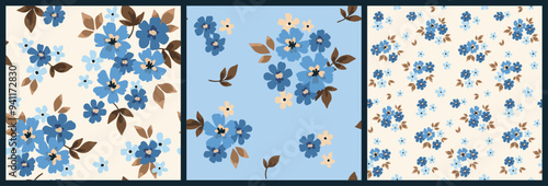 Seamless floral pattern, liberty ditsy print, abstract ornament in delicate folk style. Cute botanical design: small hand drawn white, blue flowers, tiny leaves, simple bouquets. Vector illustration. #941172830