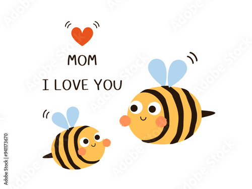 Mother's day card with bee cartoons, red heart and hand written fonts isolated on white background vector.