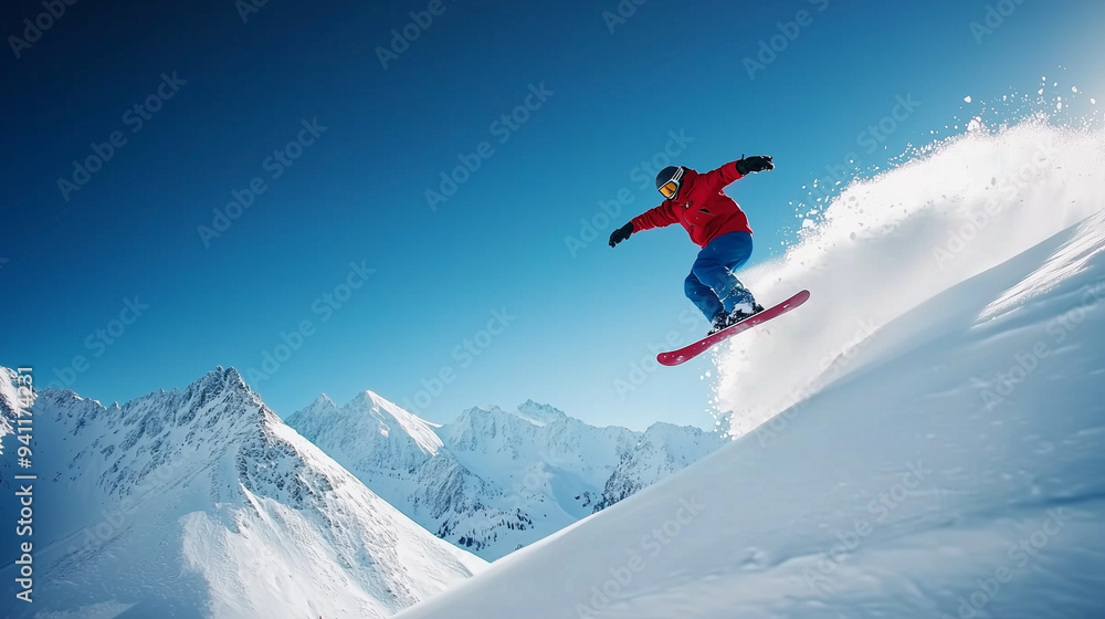 A snowboarder performing a thrilling jump in mid-air, with snow-capped mountains in the background. A snowboarder performing a thrilling jump in mid-air, with snow-capped mountains in the background.