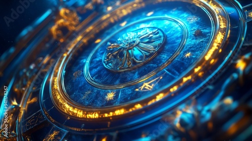 Wallpaper Mural An intricate, abstract depiction of a Zodiac clock, adorned with gold and blue details, symbolizing time, celestial movements, and artistic craftsmanship in a modern style. Torontodigital.ca