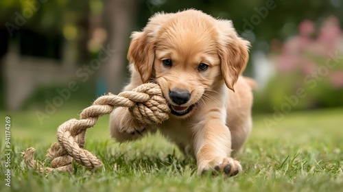 Playful Golden Retriever Puppy Engaging in Tug of War with Rope Toy The adorable and energetic pup is having fun while playing with the colorful rope toy