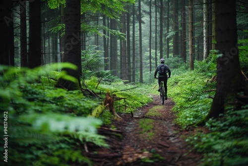 Fototapeta Naklejka Na Ścianę i Meble -  A person rides a bicycle down a forest path with trees and foliage surrounding them