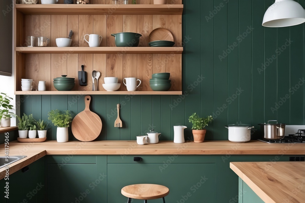 Modern Kitchen Interior with Green Walls and Wooden Accents Modern Kitchen Interior with Green Walls and Wooden Accents