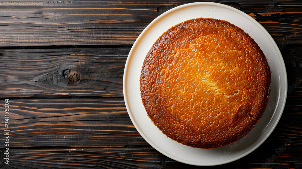 Mouth-watering golden-brown cake sits on a white plate atop a rustic wooden table Mouth-watering golden-brown cake sits on a white plate atop a rustic wooden table