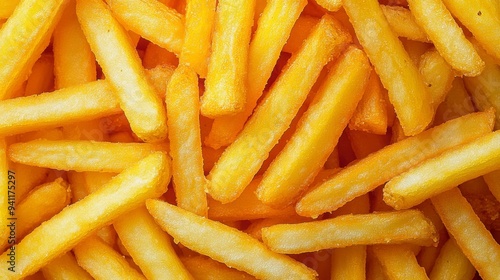 A close-up view of crispy and golden-yellow French fries piled together, highlighting their appetizing and evenly cooked texture that makes them a popular snack worldwide.