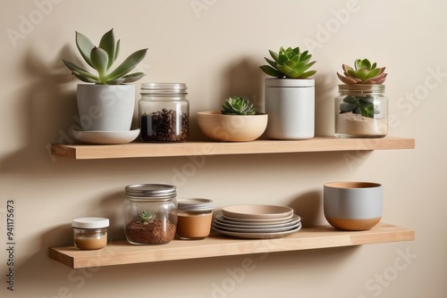 Wallpaper Mural Two Wooden Shelves Displaying Succulents, Jars, and Dishes Torontodigital.ca