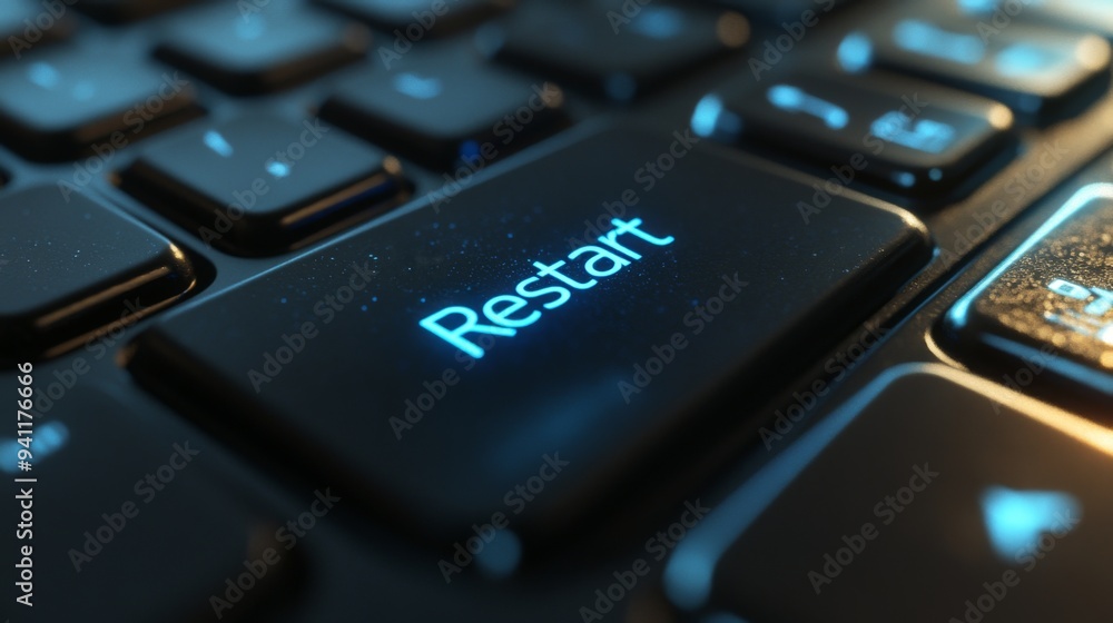 A close-up shot of a keyboard featuring an illuminated 'Restart' key with a vibrant blue light, representing the concept of beginning anew or refreshing a technological process. A close-up shot of a keyboard featuring an illuminated 'Restart' key with a vibrant blue light, representing the concept of beginning anew or refreshing a technological process.