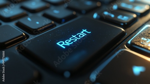 A close-up shot of a keyboard featuring an illuminated 'Restart' key with a vibrant blue light, representing the concept of beginning anew or refreshing a technological process.