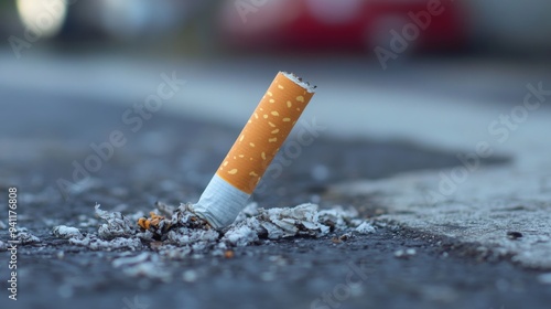 A close-up shot of a used, partially burned cigarette butt stubbed out on the asphalt pavement, surrounded by grey ash remnants, conveying a discarded feel.