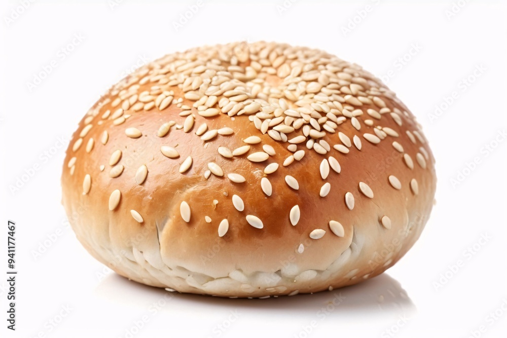 Close-up of a sesame seed bun on a white background. Close-up of a sesame seed bun on a white background.