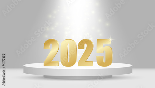 Golden numbers 2025 on a white podium with illumination. Happy New Year 2025. Vector