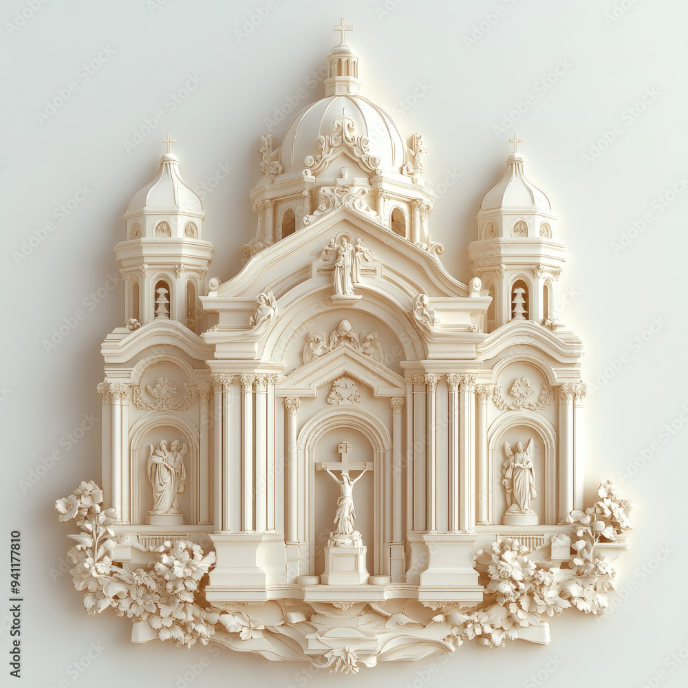 Obraz premium 3D bas-relief of a Catholic church close-up in vanilla and beige tones. Religion and inspiration. Resource, sketch, template for creativity, creative interior decor, exterior facade decor, printing on