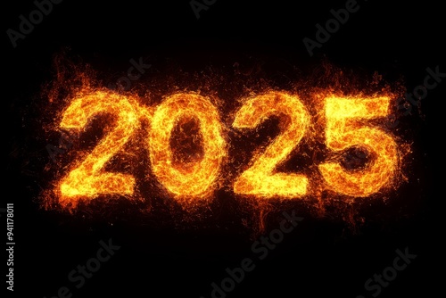 2025 Fiery Number Burning Flames New Year Celebration Background, Bright Glittering Stars Texture