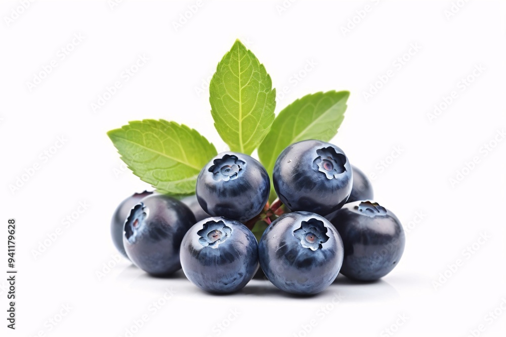 Fresh blueberries with green leaves on a white background. Fresh blueberries with green leaves on a white background.
