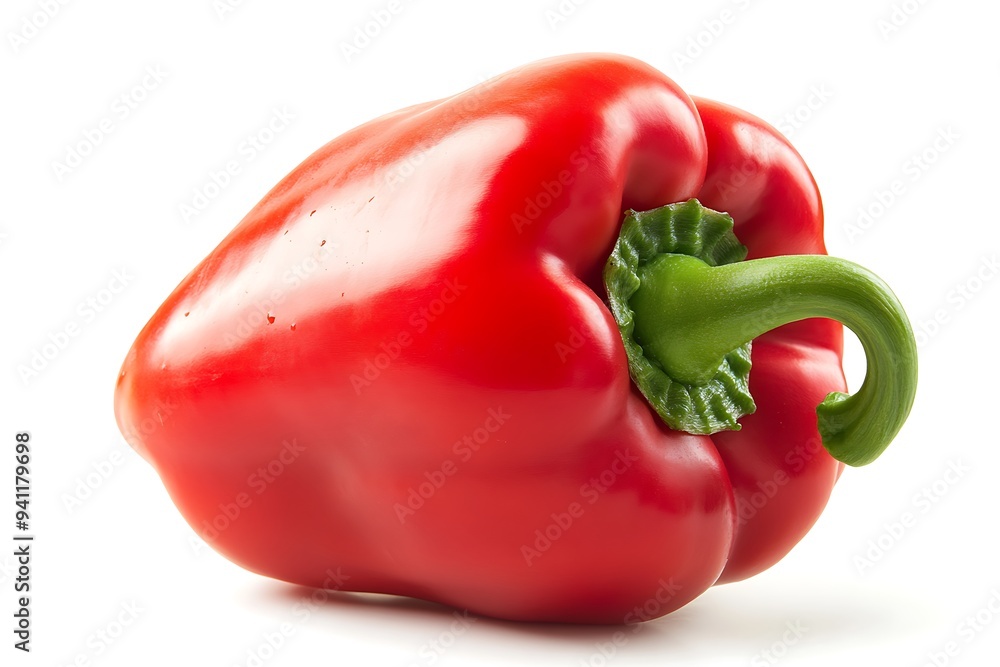 Vibrant Red Bell Pepper with Glossy Skin and Green Stem Isolated on White Background Vibrant Red Bell Pepper with Glossy Skin and Green Stem Isolated on White Background