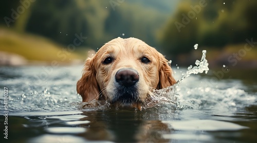 Energetic Golden Retriever Dog Swimming Happily and Splashing in Calm Lake Waters During Summertime Outdoor Adventure