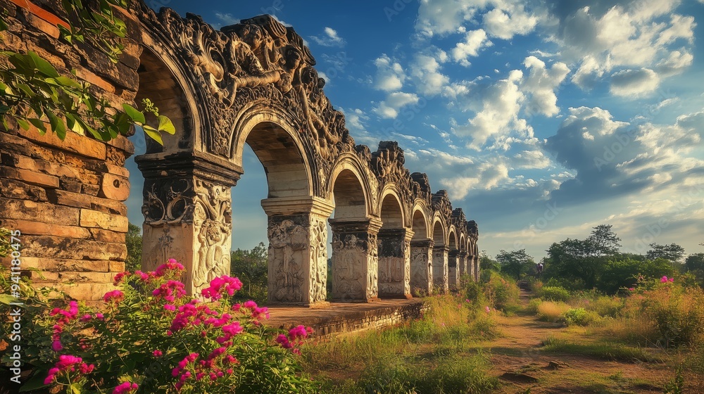 Fototapeta premium Ancient stone arches with floral carvings stand against a blue sky, inviting tales of history.