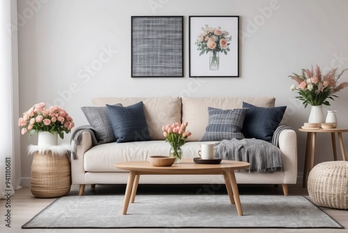 White Sofa and Coffee Table in a Living Room with Flowers and Pillows