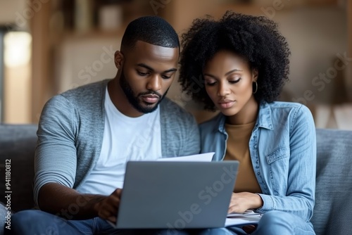 A young couple sits closely together on a comfortable couch, intently reviewing documents on a laptop.