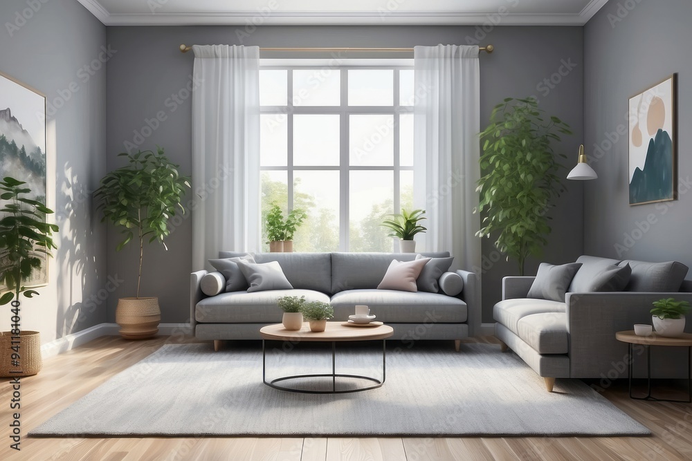 Modern Living Room with Grey Sofa, White Curtains, and Plants Modern Living Room with Grey Sofa, White Curtains, and Plants