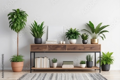 Modern Console Table with Plants, Books, and Decor