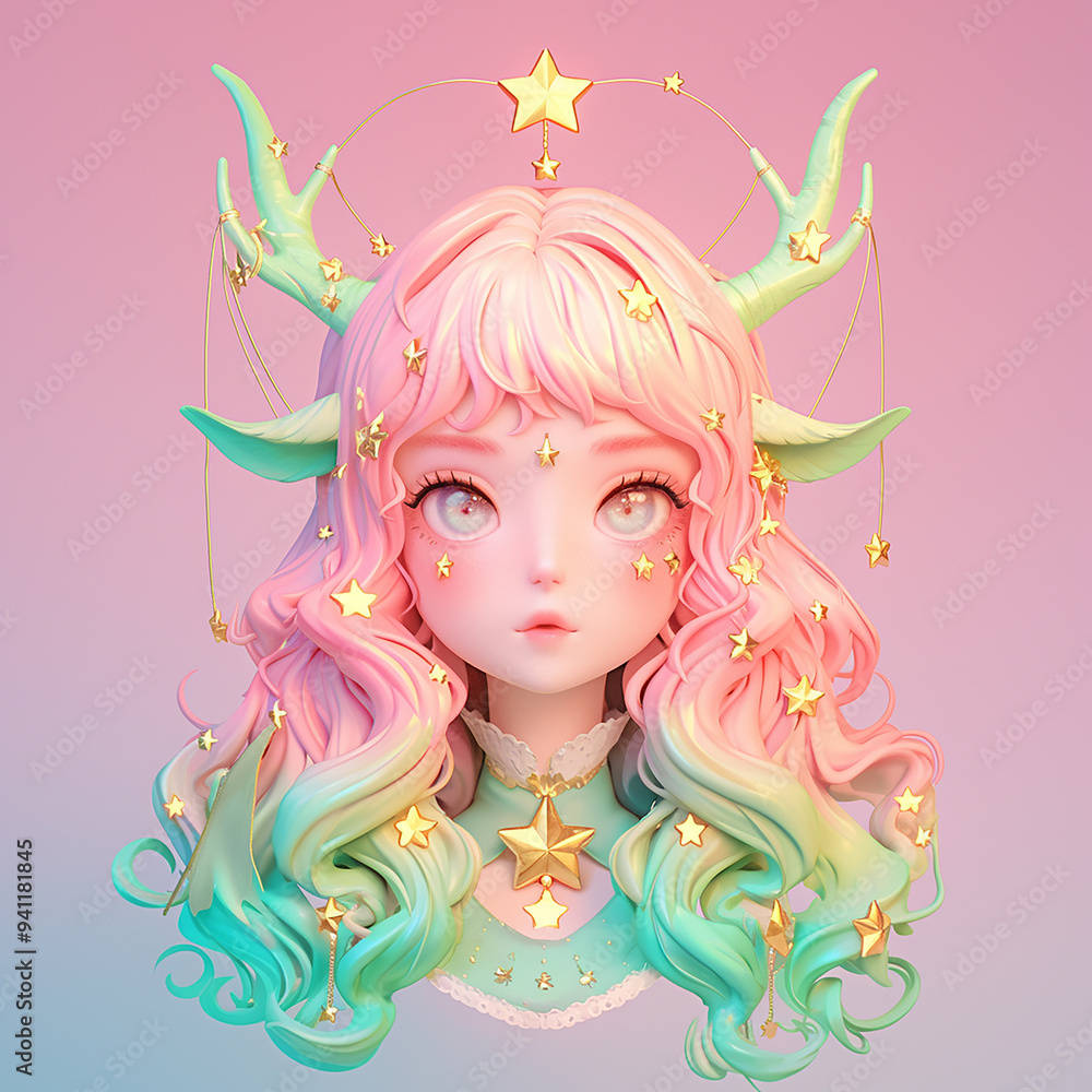 Φωτογραφία zodiac sign Virgo cartoon girl with green and pink hair and green and yellow stars on her head