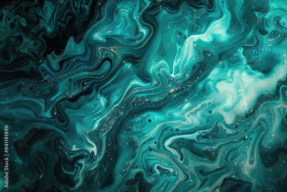 Close-up view of a blue and green fluid painting with intricate patterns Close-up view of a blue and green fluid painting with intricate patterns