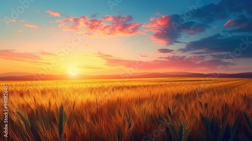 Golden Wheat Field at Sunset with Pink Clouds