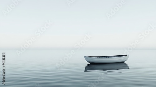 Tranquil Minimalistic Scene of White Boat on Calm Endless Sea with Colorful Reflection