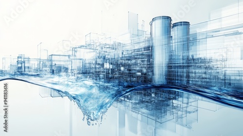 An artistic representation of a water flow blending with a blueprint-like industrial landscape, symbolizing the connection between nature and technology