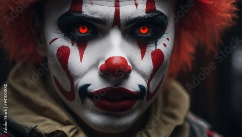 Terrifying Clown with Piercing Red Eyes: A Close-Up of Halloween Horror photo