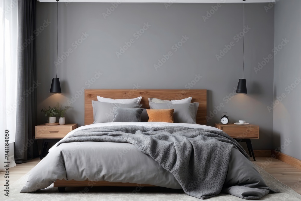 Modern Bedroom Interior with Grey Bedding and Pendant Lights Modern Bedroom Interior with Grey Bedding and Pendant Lights