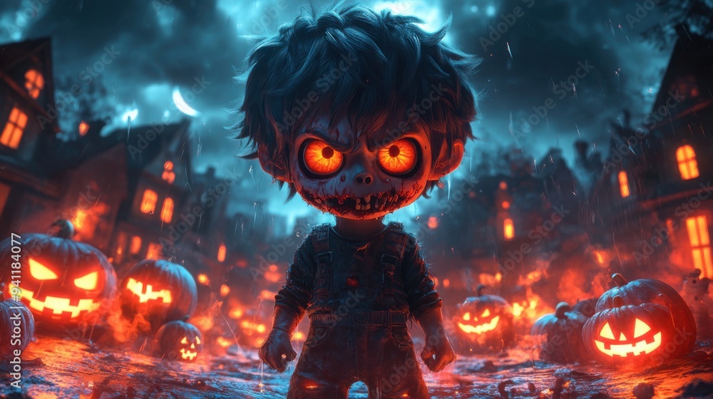 Boy creepy zombie, halloween landscape. Funny cheerful facial expression, 3d style cartoon character