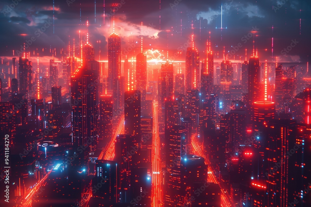 Fototapeta premium A futuristic cityscape powered by quantum computing, with skyscrapers connected by neon data highways and floating holographic interfaces.