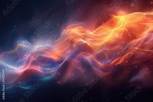 An abstract representation of quantum entanglement, with particles linked by vibrant, colorful energy waves in a dark, starry background. 