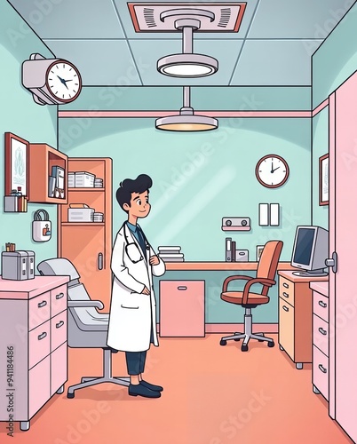 cartoon of a doctor in a hospital room with a computer. photo