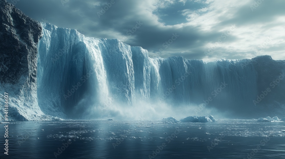 A stunning view of a massive waterfall cascading down icy cliffs into a calm, reflective body of water, under a dramatic sky filled with clouds A stunning view of a massive waterfall cascading down icy cliffs into a calm, reflective body of water, under a dramatic sky filled with clouds