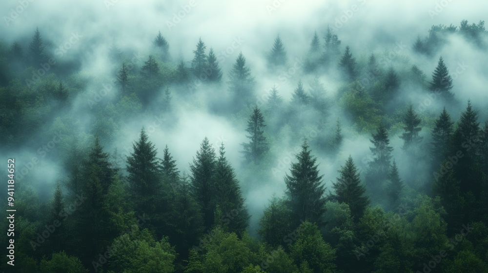 A misty forest landscape shrouded in fog, featuring tall evergreen trees that create a serene and mysterious atmosphere A misty forest landscape shrouded in fog, featuring tall evergreen trees that create a serene and mysterious atmosphere