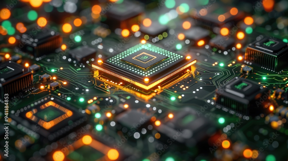 Close-up of a quantum computer chip with glowing circuits and binary code projections. Close-up of a quantum computer chip with glowing circuits and binary code projections.