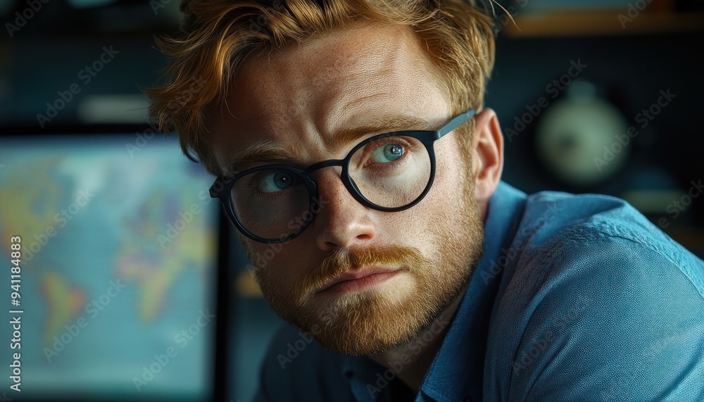 Stylish Hipster Man in Blue Shirt with Glasses, Professional and Modern Look, Portrait Photography Stylish Hipster Man in Blue Shirt with Glasses, Professional and Modern Look, Portrait Photography