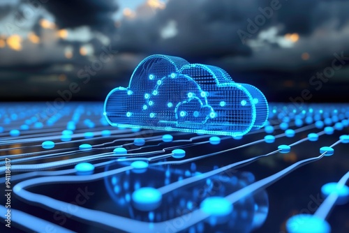 Cloud Computing concept. Abstract representation of cloud computing infrastructure with data storage, processing, and access via digital interfaces