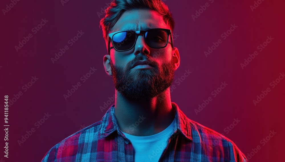 Trendy Hipster Man with Vibrant Style and Confident Look, Modern Fashion, Cool Sunglasses, Stylish Beard, Youthful Elegance, Red and Blue Lighting Trendy Hipster Man with Vibrant Style and Confident Look, Modern Fashion, Cool Sunglasses, Stylish Beard, Youthful Elegance, Red and Blue Lighting