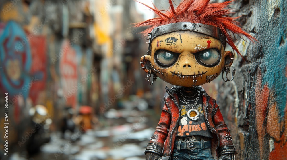 Young man punk avatar, piercings, colored hair, leather jacket, ripped jeans. City street, graffiti on the walls. Funny cheerful facial expression, 3d style cartoon character Young man punk avatar, piercings, colored hair, leather jacket, ripped jeans. City street, graffiti on the walls. Funny cheerful facial expression, 3d style cartoon character